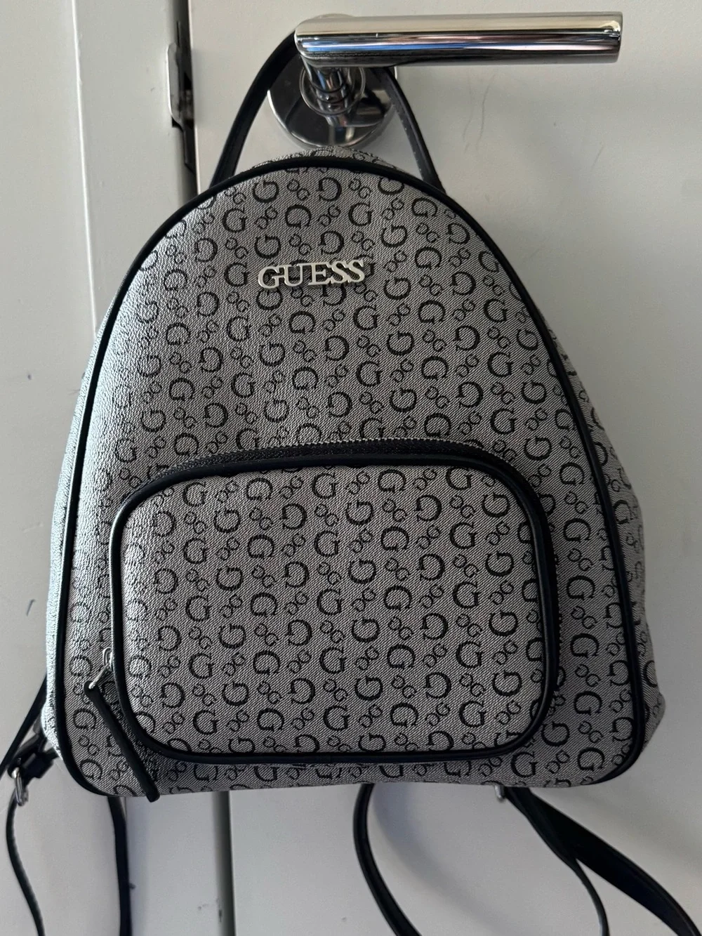 GUESS Gray Monogram Mini Backpack with Black Trim and Gold Logo
